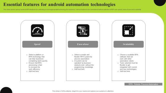 Essential Features For Android Automation Technologies Icons PDF
