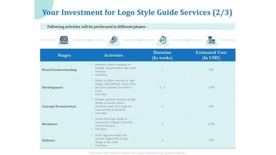A Step By Step Guide To Creating Brand Guidelines Your Investment For Logo Style Guide Services Activities Download PDF A Step By Step Guide To Creating Brand Guidelines Your Investment For Logo Style Guide Services Activities Download PDF