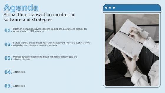 Agenda_Actual_Time_Transaction_Monitoring_Software_And_Strategies_Icons_PDF_Slide_1.jpg