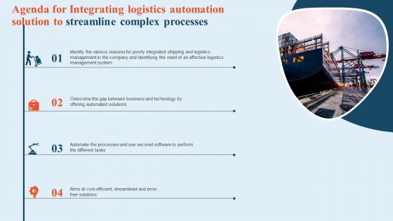 Agenda For Integrating Logistics Automation Solution To Streamline Complex Processes Ppt Pictures Layout PDF Agenda For Integrating Logistics Automation Solution To Streamline Complex Processes Ppt Pictures Layout PDF