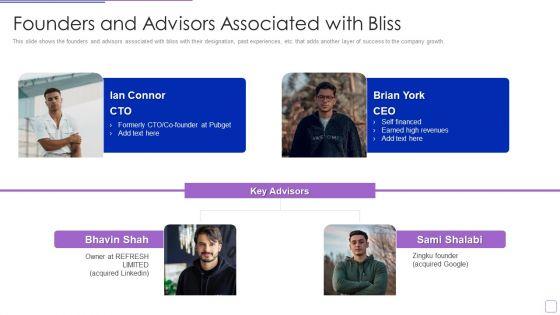 Bliss_Investor_Capital_Raising_Elevator_Pitch_Deck_Founders_And_Advisors_Associated_With_Bliss_Diagrams_PDF_Slide_1.jpg
