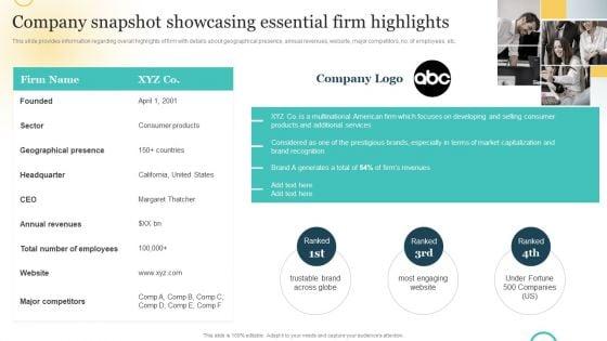 Brand_Plan_Toolkit_For_Marketers_Company_Snapshot_Showcasing_Essential_Firm_Highlights_Diagrams_PDF_Slide_1.jpg
