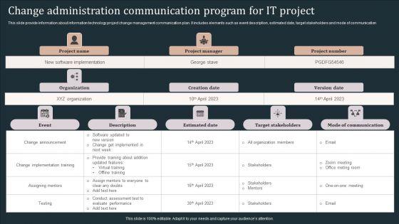 Change Administration Communication Program For IT Project Background PDF Change Administration Communication Program For IT Project Background PDF