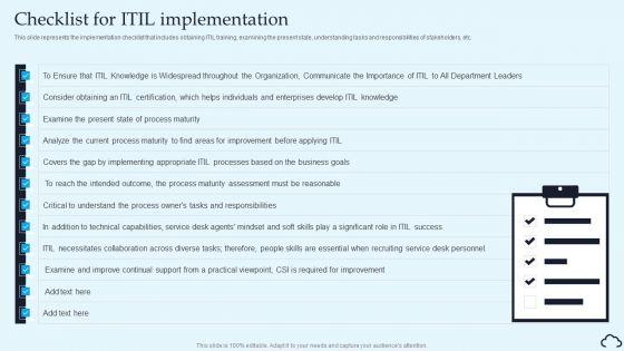 Checklist For ITIL Implementation IT Service Management Framework Template PDF Checklist For ITIL Implementation IT Service Management Framework Template PDF