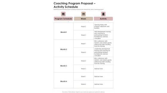 Coaching Program Proposal Activity Schedule One Pager Sample Example Document Coaching Program Proposal Activity Schedule One Pager Sample Example Document