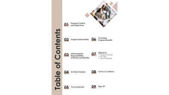 Coaching Program Proposal Table Of Contents One Pager Sample Example Document Coaching Program Proposal Table Of Contents One Pager Sample Example Document