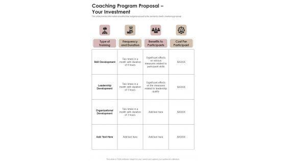 Coaching Program Proposal Your Investment One Pager Sample Example Document Coaching Program Proposal Your Investment One Pager Sample Example Document