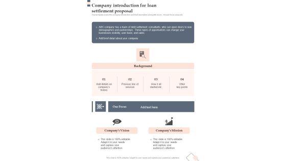 Company Introduction For Loan Settlement Proposal One Pager Sample Example Document Company Introduction For Loan Settlement Proposal One Pager Sample Example Document