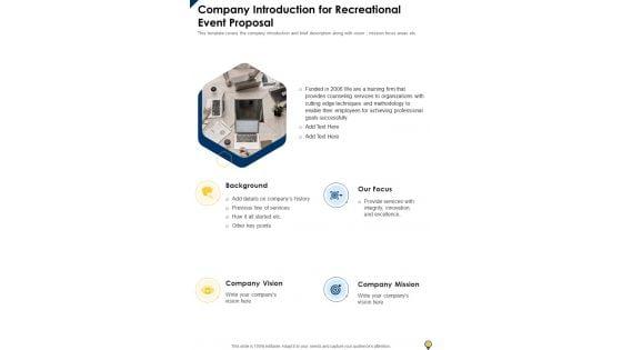 Company_Introduction_For_Recreational_Event_Proposal_One_Pager_Sample_Example_Document_Slide_1.jpg
