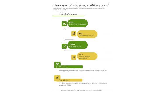 Company Overview For Gallery Exhibition Proposal One Pager Sample Example Document Company Overview For Gallery Exhibition Proposal One Pager Sample Example Document