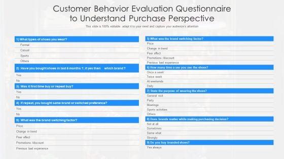 Customer_Behavior_Evaluation_Questionnaire_To_Understand_Purchase_Perspective_Ppt_Icon_Guidelines_PDF_Slide_1.jpg