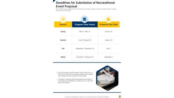 Deadlines_For_Submission_Of_Recreational_Event_Proposal_One_Pager_Sample_Example_Document_Slide_1.jpg