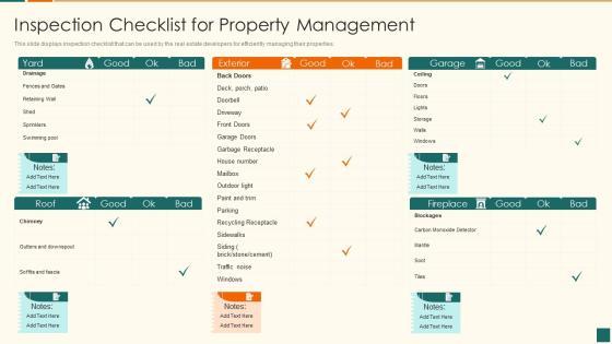 Developing Marketing Campaign For Real Estate Project Inspection Checklist For Property Management Template PDF Developing Marketing Campaign For Real Estate Project Inspection Checklist For Property Management Template PDF