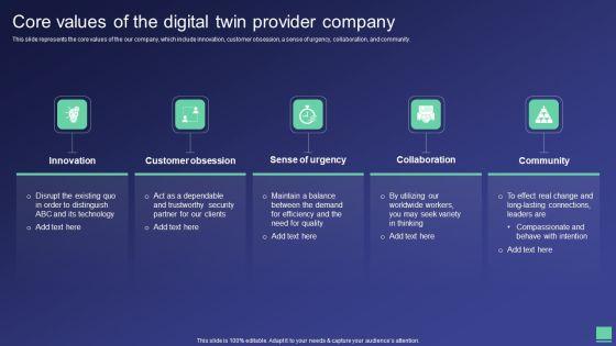 Digital Twin Tech IT Core Values Of The Digital Twin Provider Company Portrait PDF Digital Twin Tech IT Core Values Of The Digital Twin Provider Company Portrait PDF