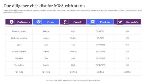 Due_Diligence_Checklist_For_M_And_A_With_Status_Ppt_Icon_Brochure_PDF_Slide_1.jpg