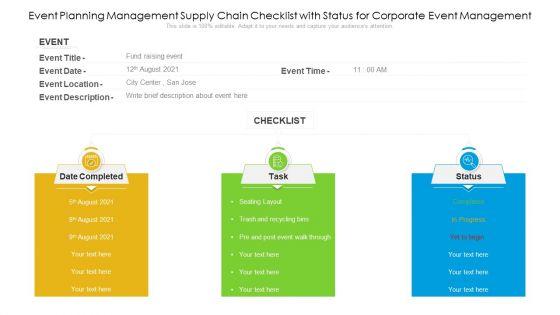 Event Planning Management Supply Chain Checklist With Status For Corporate Event Management Ppt PowerPoint Presentation File Picture PDF Event Planning Management Supply Chain Checklist With Status For Corporate Event Management Ppt PowerPoint Presentation File Picture PDF