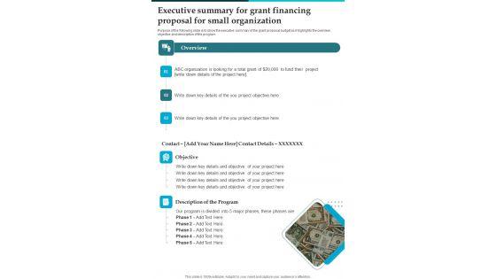 Executive_Summary_For_Grant_Financing_Proposal_For_Small_Organization_One_Pager_Sample_Example_Document_Slide_1.jpg