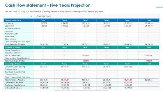 Investor Pitch Deck For Short Term Bridge Loan Cash Flow Statement Five Years Projection Ppt PowerPoint Presentation Styles Shapes PDF Investor Pitch Deck For Short Term Bridge Loan Cash Flow Statement Five Years Projection Ppt PowerPoint Presentation Styles Shapes PDF