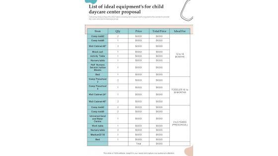 List_Of_Ideal_Equipments_For_Child_Daycare_Center_Proposal_One_Pager_Sample_Example_Document_Slide_1.jpg
