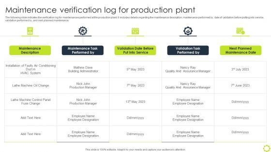Machine_Repairing_And_Servicing_Maintenance_Verification_Log_For_Production_Plant_Designs_PDF_Slide_1.jpg