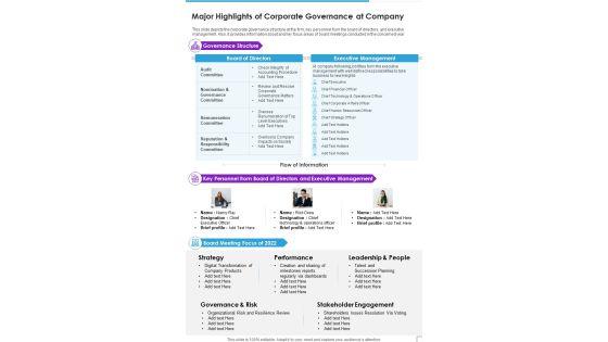 Major Highlights Of Corporate Governance At Company Template 343 One Pager Documents Major Highlights Of Corporate Governance At Company Template 343 One Pager Documents