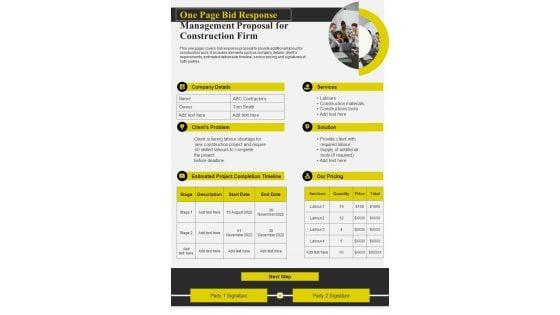 One_Page_Bid_Response_Management_Proposal_For_Construction_Firm_PDF_Document_PPT_Template_Slide_1.jpg