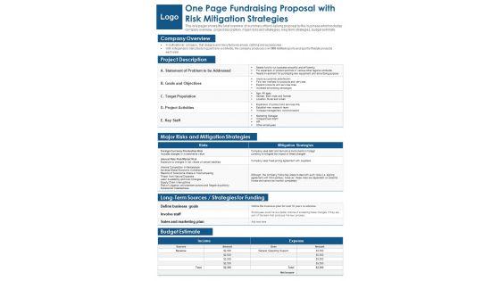 One Page Fundraising Proposal With Risk Mitigation Strategies PDF Document PPT Template One Page Fundraising Proposal With Risk Mitigation Strategies PDF Document PPT Template