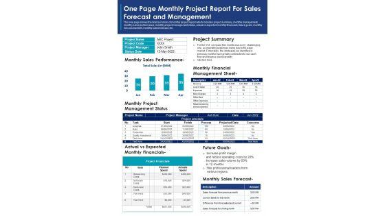 One_Page_Monthly_Project_Report_For_Sales_Forecast_And_Management_PDF_Document_PPT_Template_Slide_1.jpg