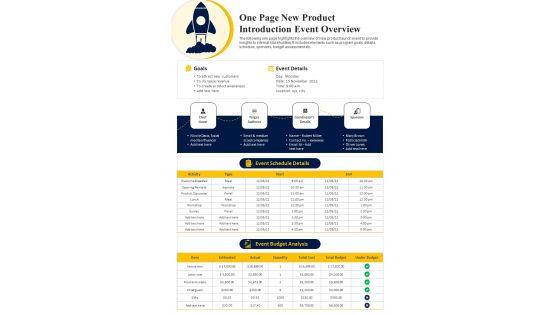 One Page New Product Introduction Event Overview PDF Document PPT Template One Page New Product Introduction Event Overview PDF Document PPT Template