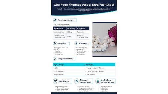 One Page Pharmaceutical Drug Fact Sheet PDF Document PPT Template One Page Pharmaceutical Drug Fact Sheet PDF Document PPT Template