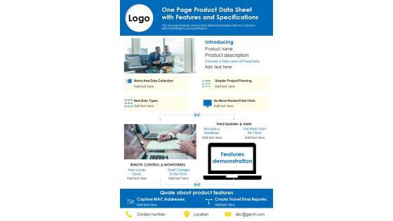 One Page Product Data Sheet With Features And Specifications PDF Document PPT Template One Page Product Data Sheet With Features And Specifications PDF Document PPT Template