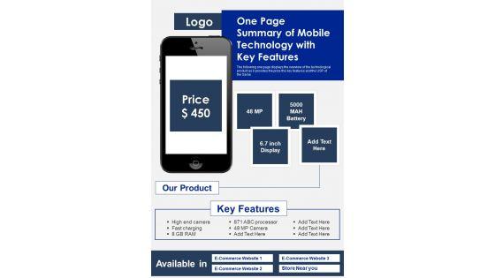 One_Page_Summary_Of_Mobile_Technology_With_Key_Features_PDF_Document_PPT_Template_Slide_1.jpg