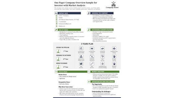 One Pager Company Overview Sample For Investor With Market Analysis PDF Document PPT Template One Pager Company Overview Sample For Investor With Market Analysis PDF Document PPT Template