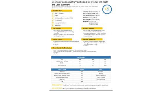 One Pager Company Overview Sample For Investor With Profit And Loss Summary PDF Document PPT Template One Pager Company Overview Sample For Investor With Profit And Loss Summary PDF Document PPT Template