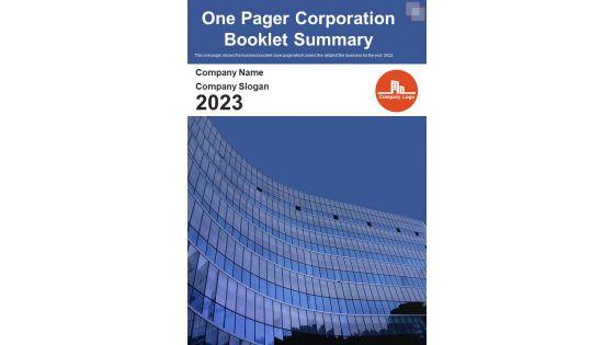 One Pager Corporation Booklet Summary PDF Document PPT Template One Pager Corporation Booklet Summary PDF Document PPT Template