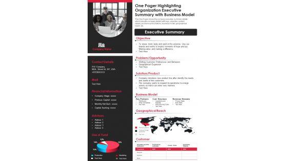 One_Pager_Highlighting_Organization_Executive_Summary_With_Business_Model_PDF_Document_PPT_Template_Slide_1.jpg