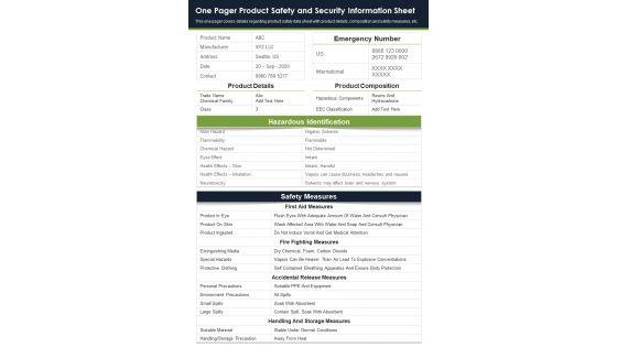 One Pager Product Safety And Security Information Sheet PDF Document PPT Template One Pager Product Safety And Security Information Sheet PDF Document PPT Template
