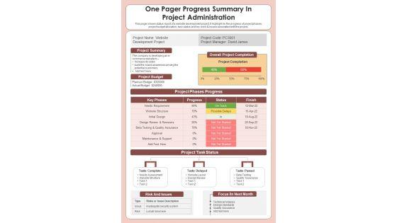 One_Pager_Progress_Summary_In_Project_Administration_PDF_Document_PPT_Template_Slide_1.jpg