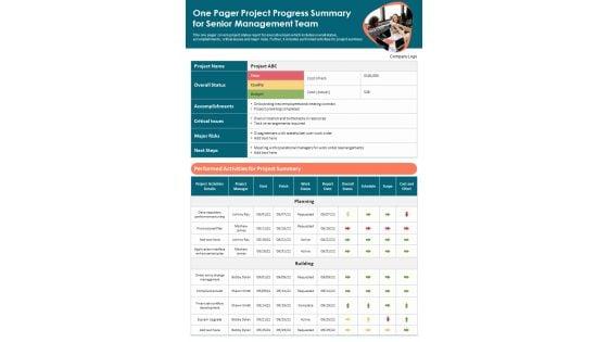 One_Pager_Project_Progress_Summary_For_Senior_Management_Team_PDF_Document_PPT_Template_Slide_1.jpg