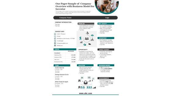 One Pager Sample Of Company Overview With Business Model For Investor PDF Document PPT Template One Pager Sample Of Company Overview With Business Model For Investor PDF Document PPT Template