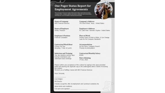 One_Pager_Status_Report_For_Employment_Agreements_PDF_Document_PPT_Template_Slide_1.jpg