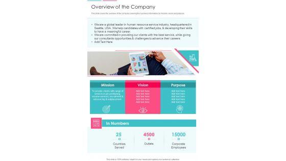 Overview Of The Company Template 317 One Pager Documents Overview Of The Company Template 317 One Pager Documents