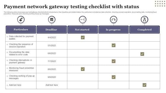 Payment_Network_Gateway_Testing_Checklist_With_Status_Ppt_Professional_Tips_PDF_Slide_1.jpg