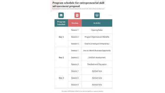 Program Schedule For Entrepreneurial Skill Advancement Proposal One Pager Sample Example Document Program Schedule For Entrepreneurial Skill Advancement Proposal One Pager Sample Example Document