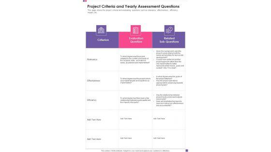 Project Criteria And Yearly Assessment Questions One Pager Documents Project Criteria And Yearly Assessment Questions One Pager Documents