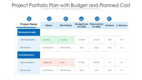 Project Portfolio Plan With Budget And Planned Cost Ppt Ideas Picture PDF Project Portfolio Plan With Budget And Planned Cost Ppt Ideas Picture PDF