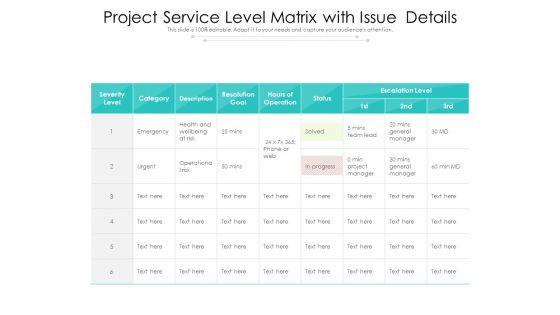 Project Service Level Matrix With Issue Details Ppt PowerPoint Presentation Gallery Layouts PDF Project Service Level Matrix With Issue Details Ppt PowerPoint Presentation Gallery Layouts PDF