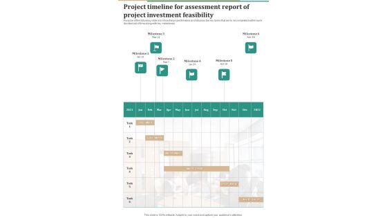 Project Timeline For Assessment Report Of Project Investment Feasibility One Pager Sample Example Document Project Timeline For Assessment Report Of Project Investment Feasibility One Pager Sample Example Document