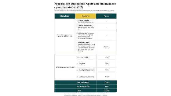 Proposal_For_Automobile_Repair_And_Maintenance_Your_Investment_One_Pager_Sample_Example_Document_Slide_2.jpg
