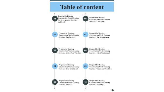 Proposal_For_Housing_Construction_Work_Cleaning_Services_Table_Of_Content_One_Pager_Sample_Example_Document_Slide_1.jpg